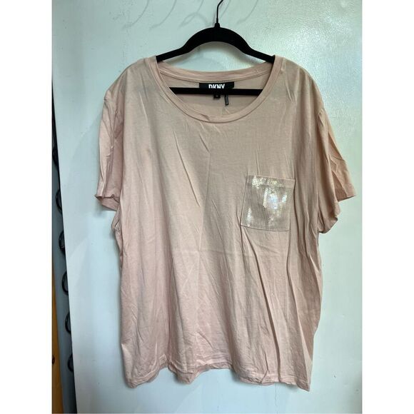 DKNY Pink T-Shirt With Sequin Front Pocket Woman’s Size XL-Spot On Front - Picture 1 of 8